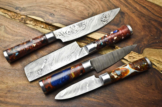 Lot of 4 Damascus Steel Blade Chef Knife Set – Professional Forged Kitchen Knives