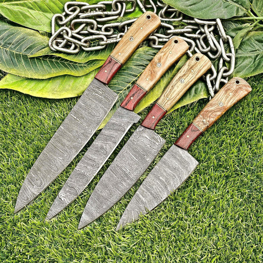 Lot of 4 Damascus Steel Chef Knives Set – Full Tang Kitchen Knife Collection