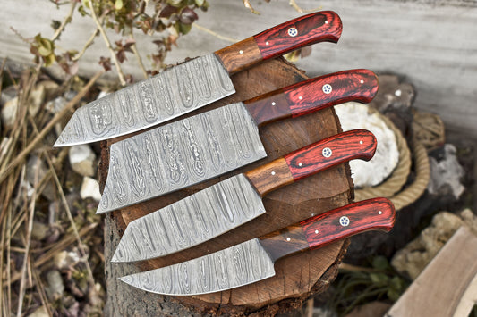 Lot of 4 Handmade Damascus Chef Knives – 12" Hand Forged Kitchen Knife with Hardwood Handle & Leather Sheath