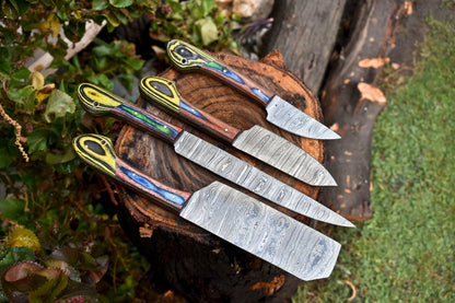 Lot of 4 Handmade Damascus Hammered Full Tang Chef Knife Set – Hardwood Handles