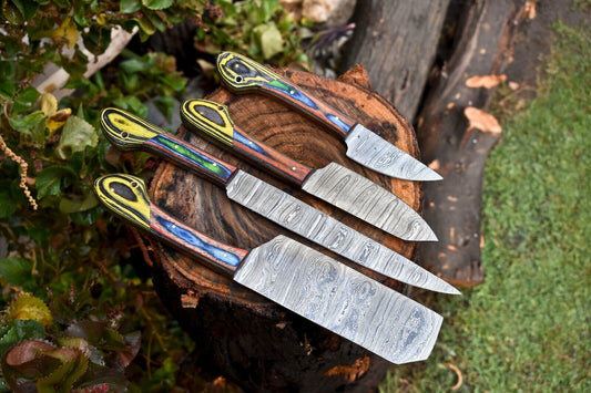 Lot of 4 Handmade Damascus Hammered Full Tang Chef Knife Set – Hardwood Handles