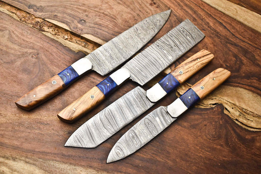 Lot of 4 Handmade Damascus Steel Blade Chef Knife Set