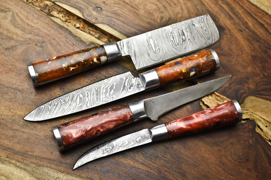 Lot of 4 Handmade Damascus Steel Blade Chef Knife Set – 100% Handmade
