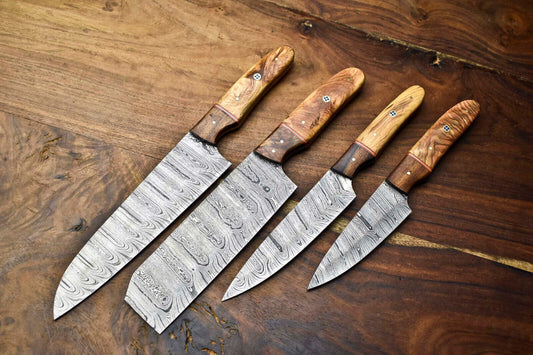 Lot of 4 Handmade Damascus Steel Blade Chef Knife Set – 384 Layer Forged, Full Tang