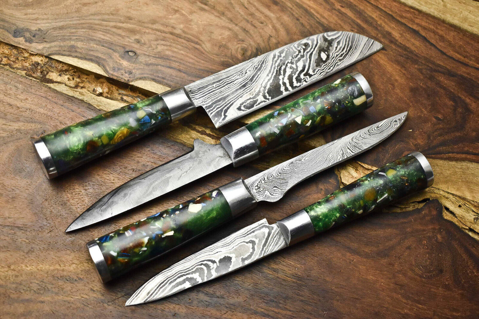 Lot of 4 Handmade Damascus Steel Blade Chef Knife Set – Oil Tempered 58-60 HRC, Sharpened at 20°