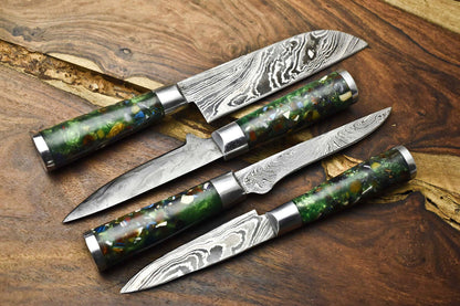 Lot of 4 Handmade Damascus Steel Blade Chef Knife Set – Oil Tempered 58-60 HRC, Sharpened at 20°