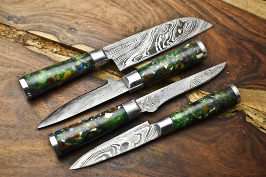 Lot of 4 Handmade Damascus Steel Blade Chef Knife Set – Oil Tempered 58-60 HRC, Sharpened at 20°