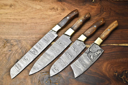 Lot of 4 Handmade Damascus Steel Blade Chef Knife Set – Professional Forged Knives