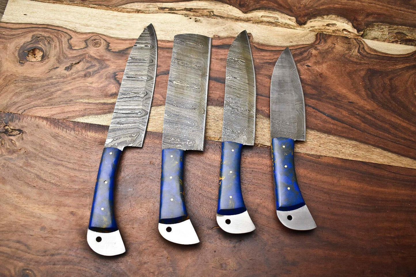 Lot of 4 Handmade Damascus Steel Blade Chef Knives Set
