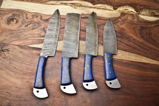 Lot of 4 Handmade Damascus Steel Blade Chef Knives Set