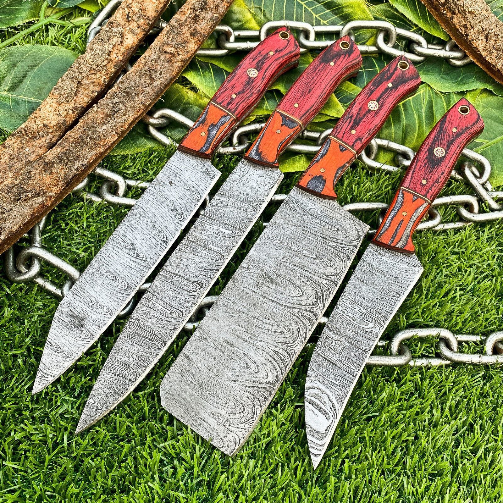 Lot of 4 Handmade Damascus Steel Chef Knife Set – Full Tang Kitchen Knives with Hardwood Handles