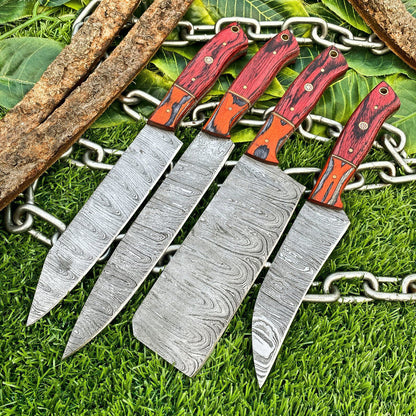 Lot of 4 Handmade Damascus Steel Chef Knife Set – Full Tang Kitchen Knives with Hardwood Handles