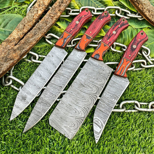 Lot of 4 Handmade Damascus Steel Chef Knife Set – Full Tang Kitchen Knives with Hardwood Handles