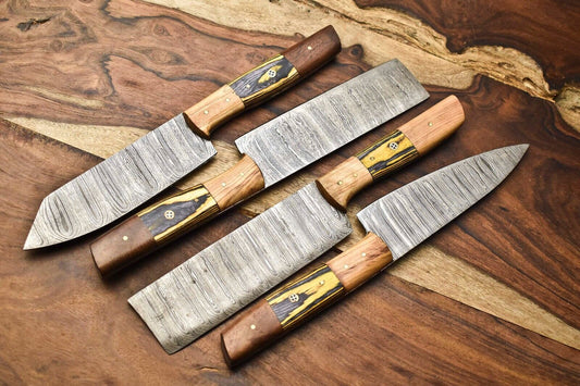 Lot of 4 Handmade Damascus Steel Chef Knife Set | Hardwood Handles | Full Tang Kitchen Knives


