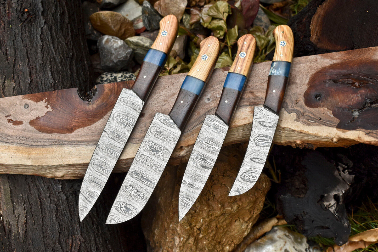Lot of 4 Handmade Damascus Steel Chef Knife Set | Walnut Wood Handle | Professional Kitchen Knives