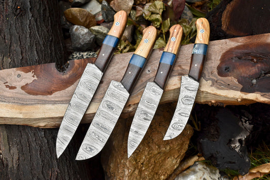 Lot of 4 Handmade Damascus Steel Chef Knife Set | Walnut Wood Handle | Professional Kitchen Knives