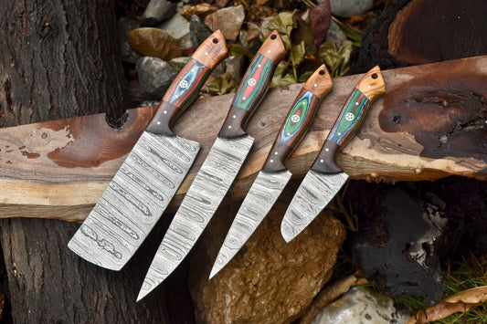 Lot of 4 Handmade Damascus Steel Chef Knives – Full Tang Camp & Kitchen Knife Set