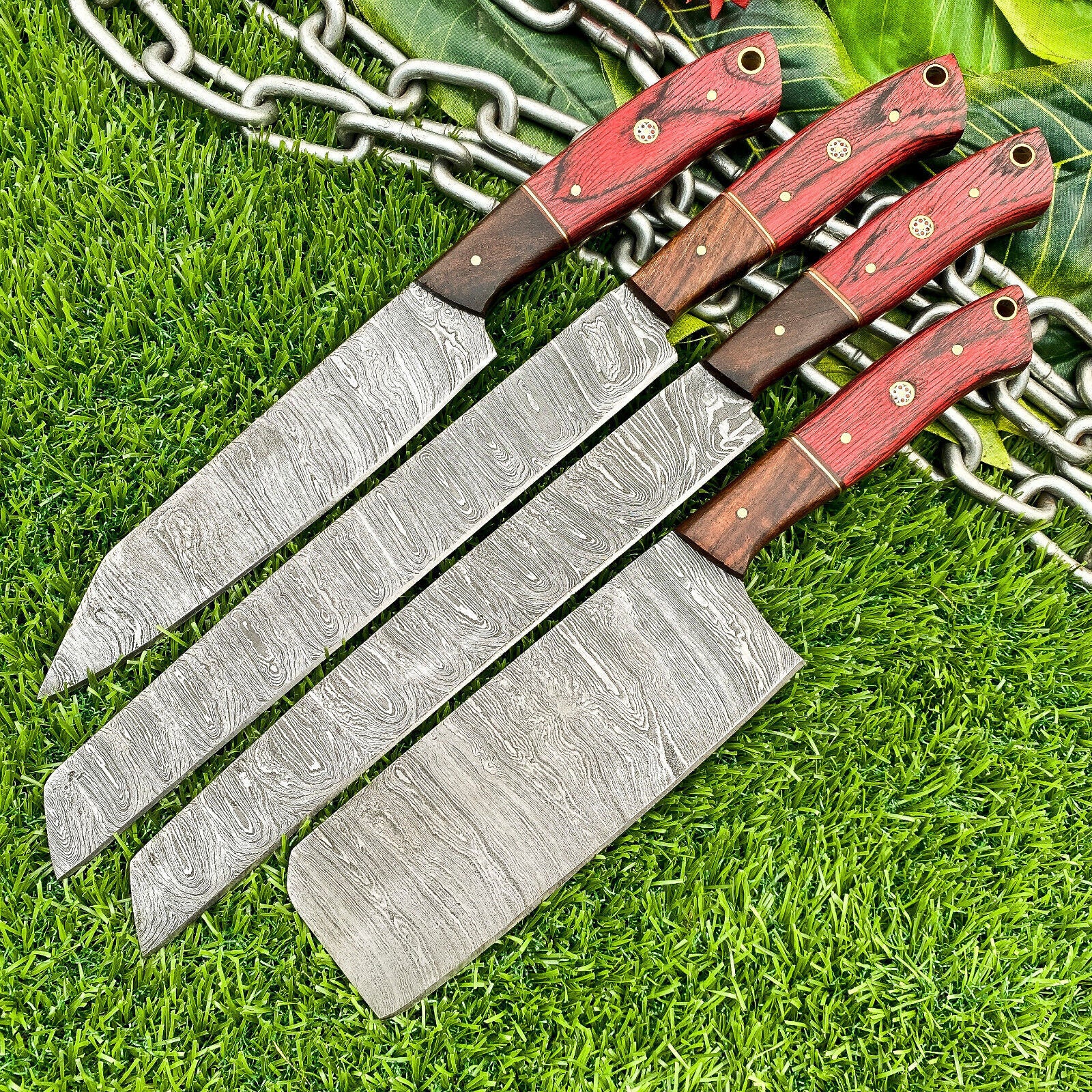 Lot of 4 Handmade Damascus Steel Chef Knives Set – Full Tang Kitchen Knife Collection

