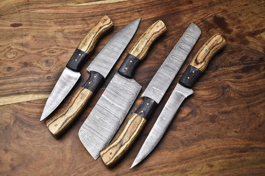 Lot of 4 Handmade Damascus Steel Chef Knives Set with Leather Bag – Full Tang, Razor Sharp