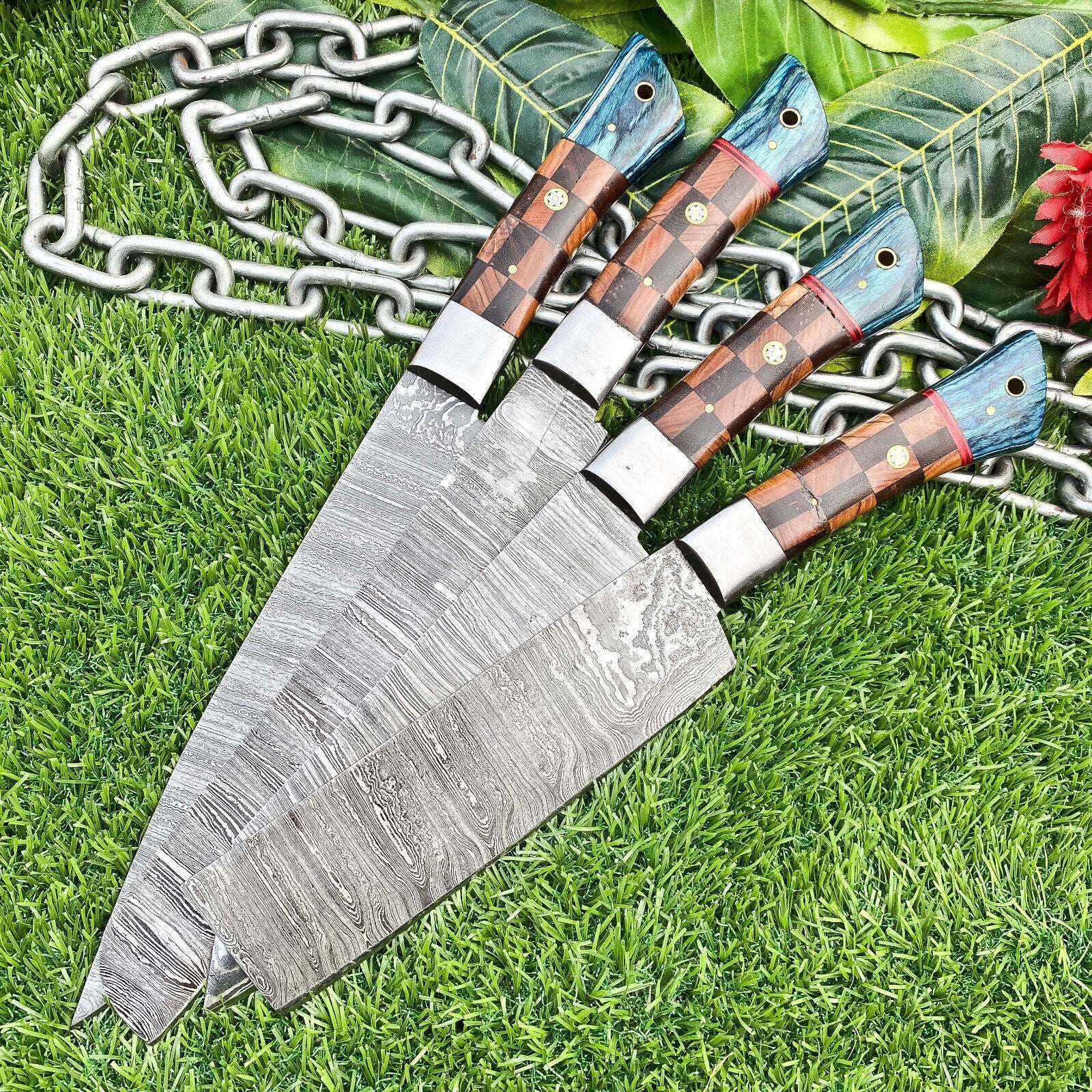Lot of 4 Handmade Damascus Steel Full Tang Kitchen Chef Knife Set – Premium EDC Cutlery