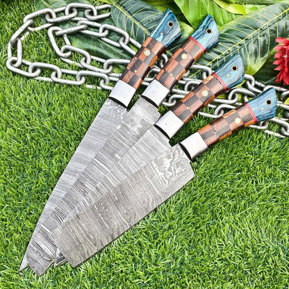 Lot of 4 Handmade Damascus Steel Full Tang Kitchen Chef Knife Set – Premium EDC Cutlery