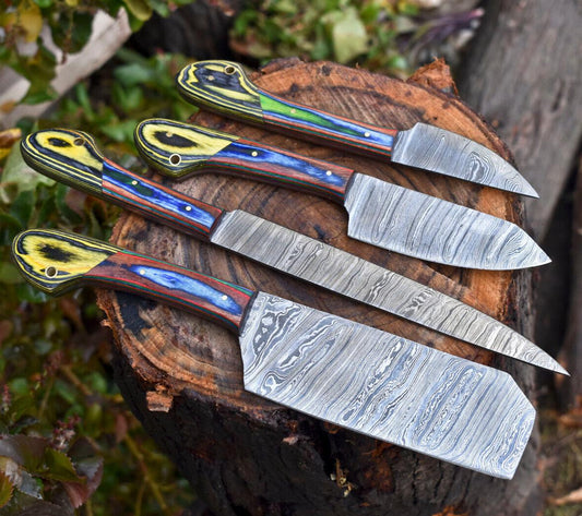 Lot of 4 Handmade Damascus Steel Full Tang Kitchen Chef & Steak Knife Set