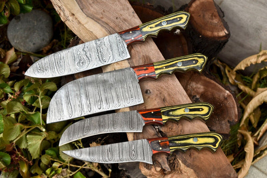 Lot of 4 Handmade Damascus Steel Hammered Chef Knives – Full Tang with Hard Wood Handles