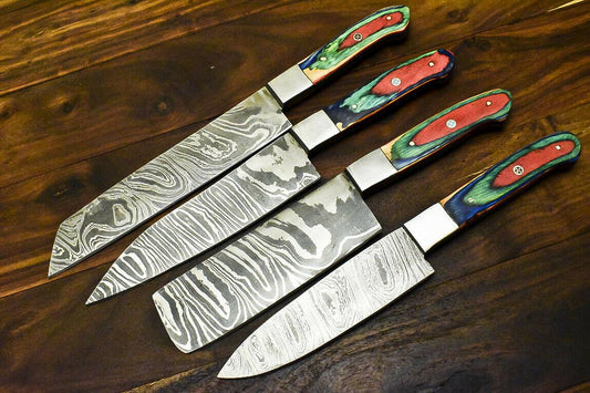 Lot of 4 Handmade Damascus Steel Hunting Chef Knives – 13" Overall, 8" Blade, 5" Hardwood Handle