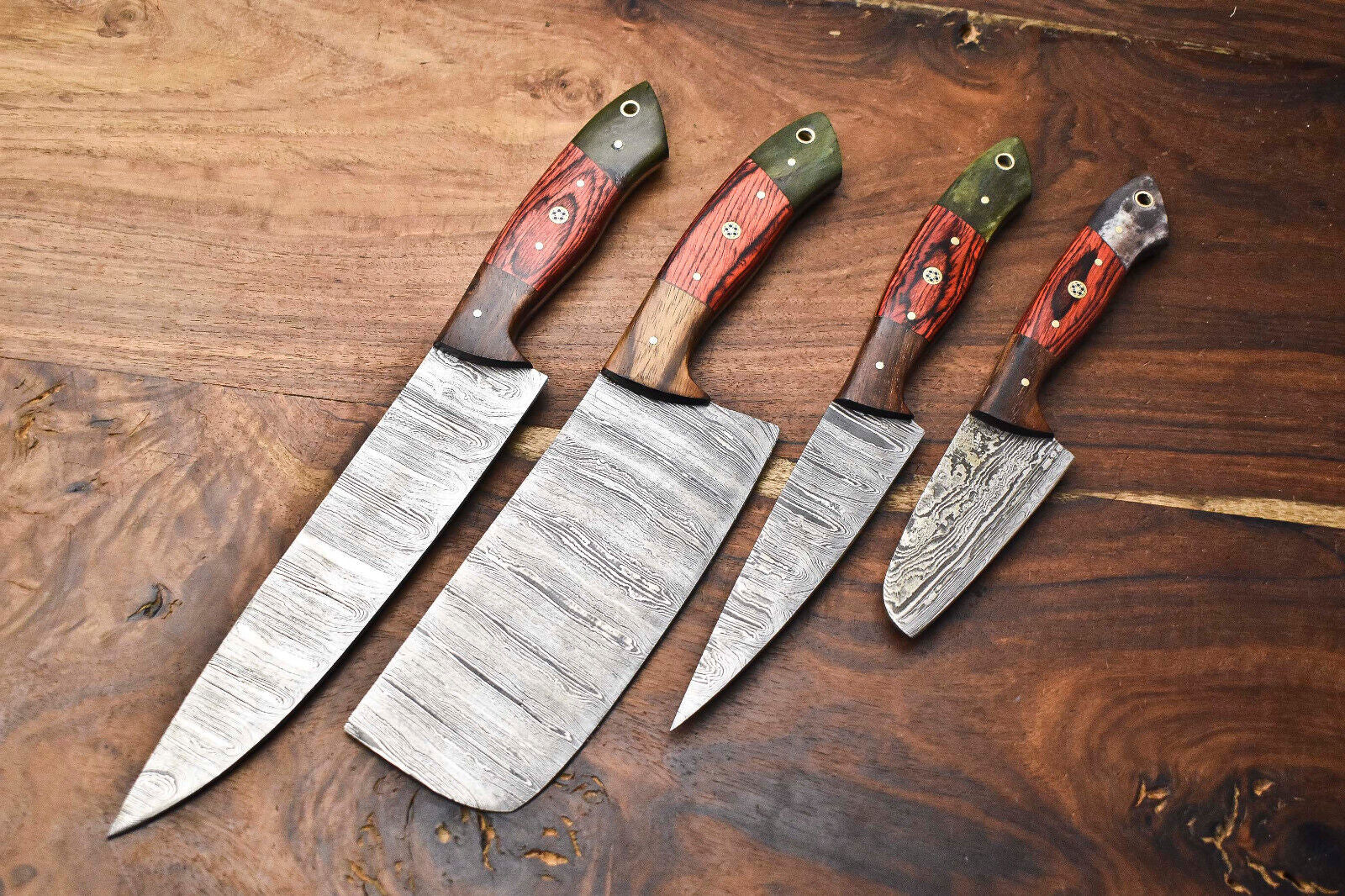 Lot of 4 Handmade Hammered Damascus Steel Blade Chef Knife Set – 100% Handmade Professional Kitchen Knives