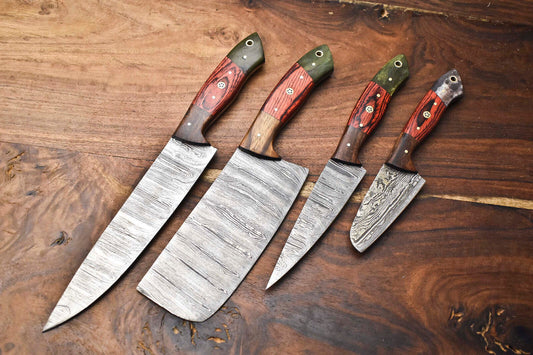 Lot of 4 Handmade Hammered Damascus Steel Blade Chef Knife Set – 100% Handmade Professional Kitchen Knives