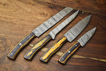 Lot of 4 PCS Custom Handmade Damascus Steel Chef Knife Set – Full Tang Kitchen Knives