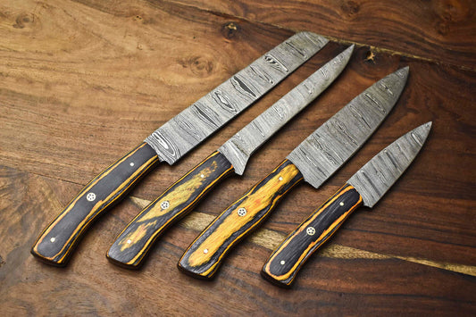 Lot of 4 PCS Custom Handmade Damascus Steel Chef Knife Set – Full Tang Kitchen Knives