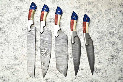 Lot of 5 Custom Handmade Hammered Damascus Steel Chef Knife Set