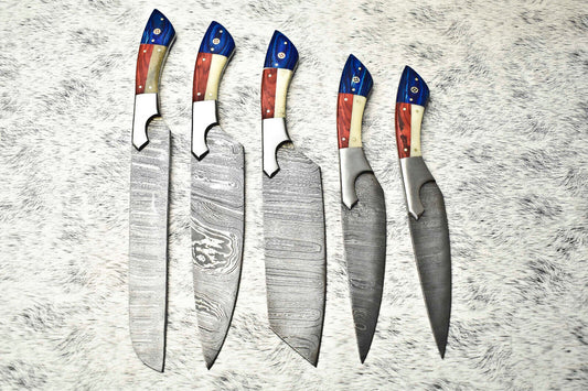 Lot of 5 Custom Handmade Hammered Damascus Steel Chef Knife Set
