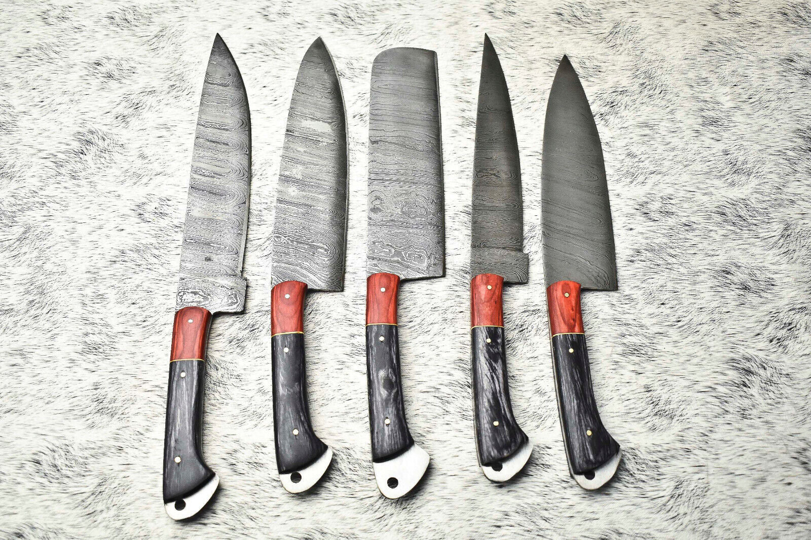 Lot of 5 Custom Handmade Hammered Damascus Steel Chef Knife Set – Kitchen Cutlery