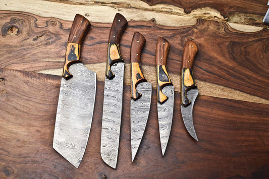 Lot of 5 Handmade Damascus Blade Full Tang Chef Set Knives – Premium Layered Steel