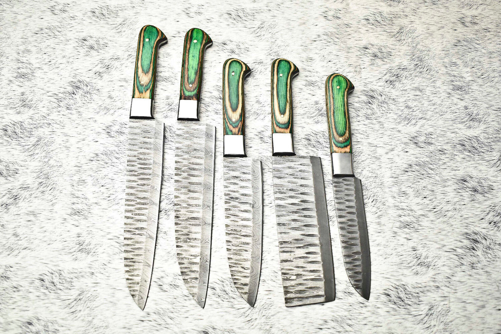 Lot of 5 Handmade Damascus Hammered Chef Knives – Full Tang with Hardwood Handles
