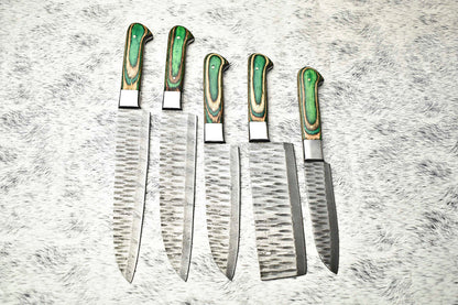 Lot of 5 Handmade Damascus Hammered Chef Knives – Full Tang with Hardwood Handles