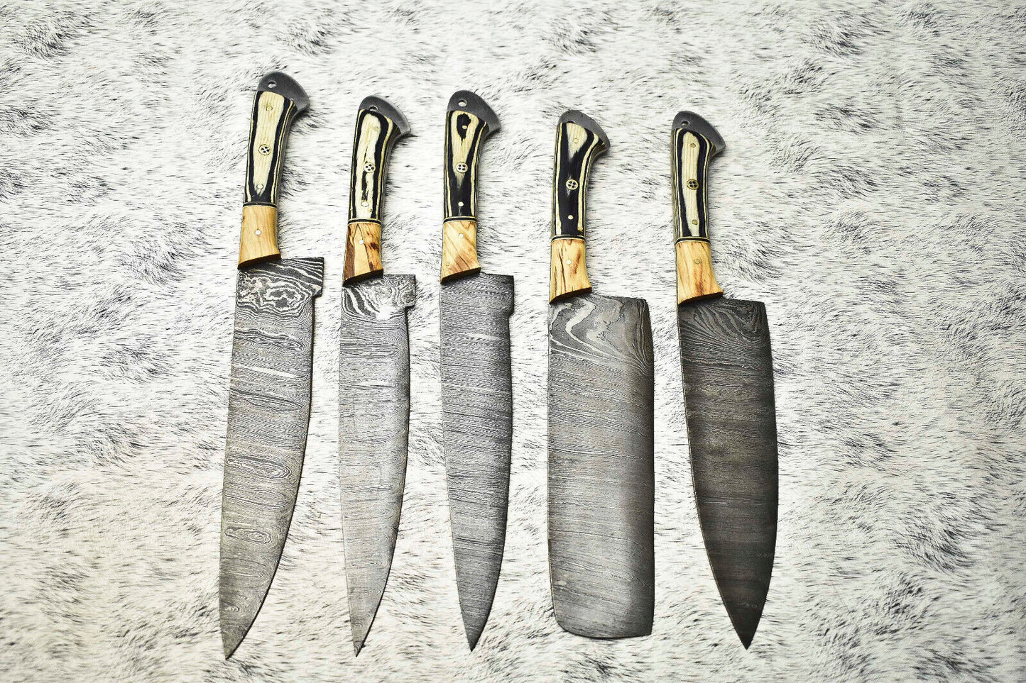 Lot of 5 Handmade Damascus Hammered Full Tang Chef Knife Set – Hardwood Handles