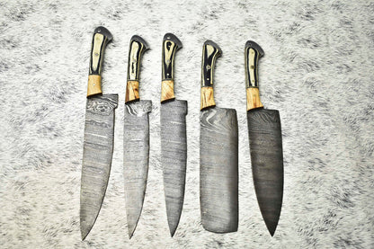 Lot of 5 Handmade Damascus Hammered Full Tang Chef Knife Set – Hardwood Handles