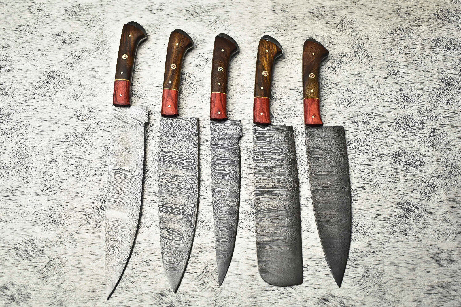 Lot of 5 Handmade Damascus Hammered Full Tang Chef Knife Set with Hard Wood Handles