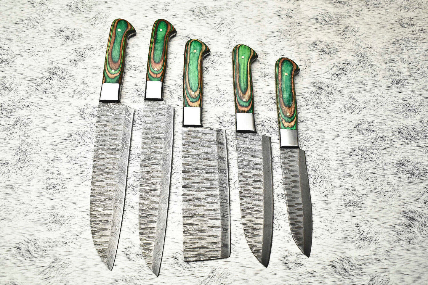 Lot of 5 Handmade Damascus Hammered Full Tang Chef Knife Set with Hardwood Handles