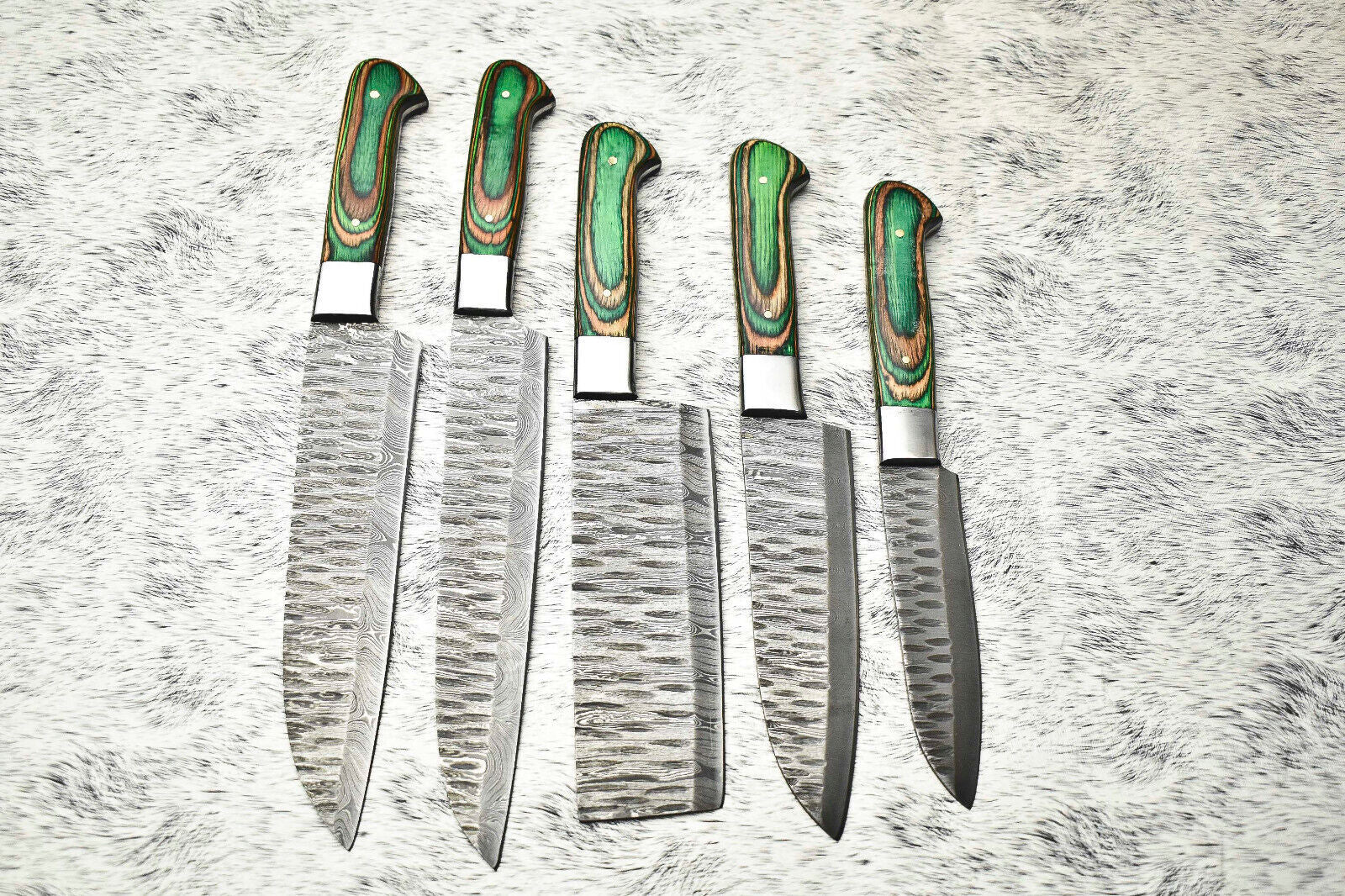 Lot of 5 Handmade Damascus Hammered Full Tang Chef Knife Set with Hardwood Handles