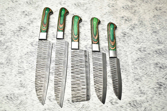 Lot of 5 Handmade Damascus Hammered Full Tang Chef Knife Set with Hardwood Handles