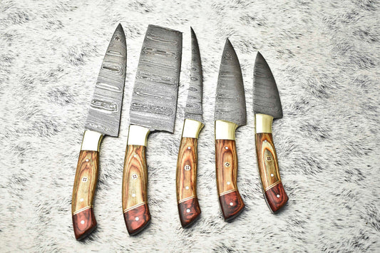 Lot of 5 Handmade Damascus Hammered Full Tang Chef Knives | Hard Wood
