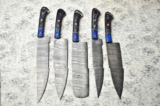 Lot of 5 Handmade Damascus Hammered Full Tang Chef Knives | Hard Wood Handles