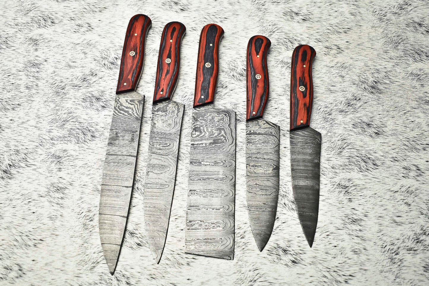 Lot of 5 Handmade Damascus Hammered Full Tang Chef Knives – Hardwood Set
