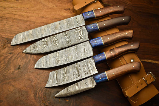 Lot of 5 Handmade Damascus Steel Blade Chef Knife Set – 384 Layer Forged, Full Tang