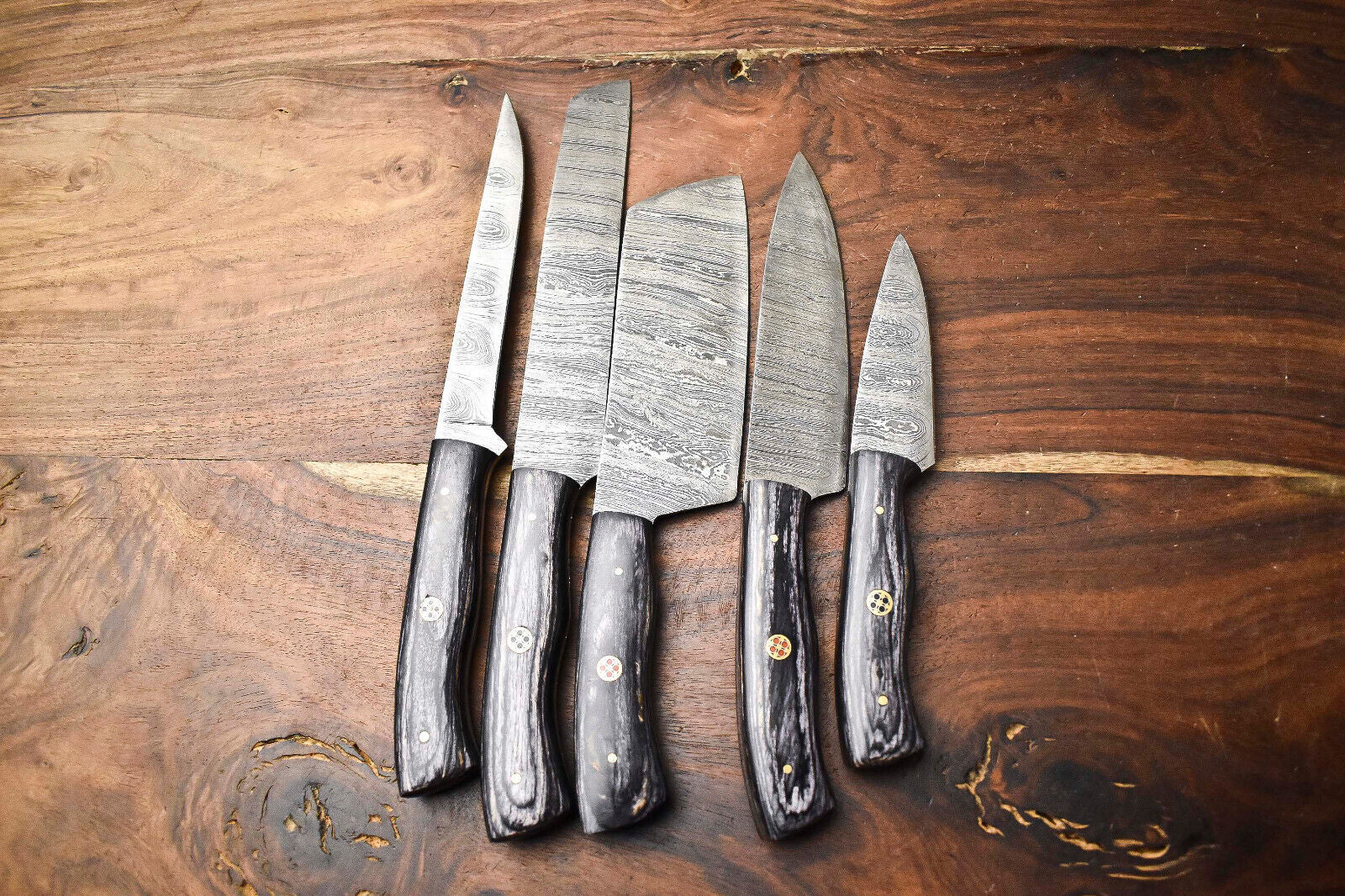 Lot of 5 Handmade Damascus Steel Blade Chef Knife Set – 384 Layer Forged Full Tang Blades
