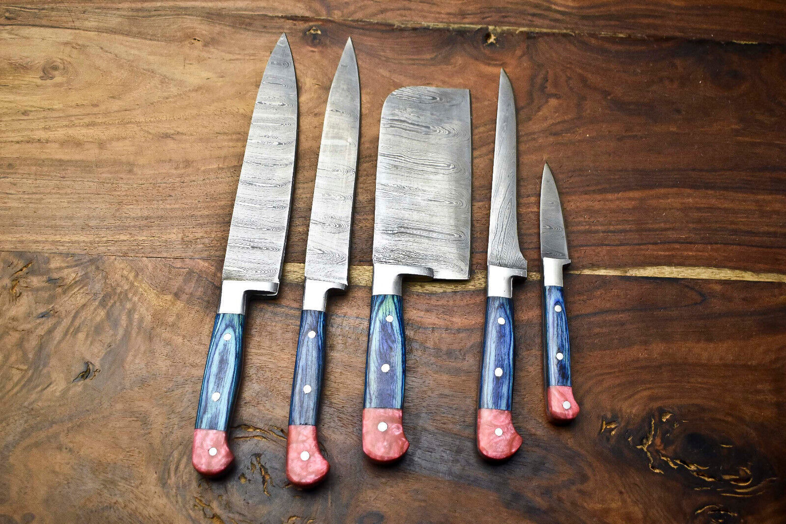 Lot of 5 Handmade Damascus Steel Blade Chef Knife Set – Full Tang, Hammered Finish
